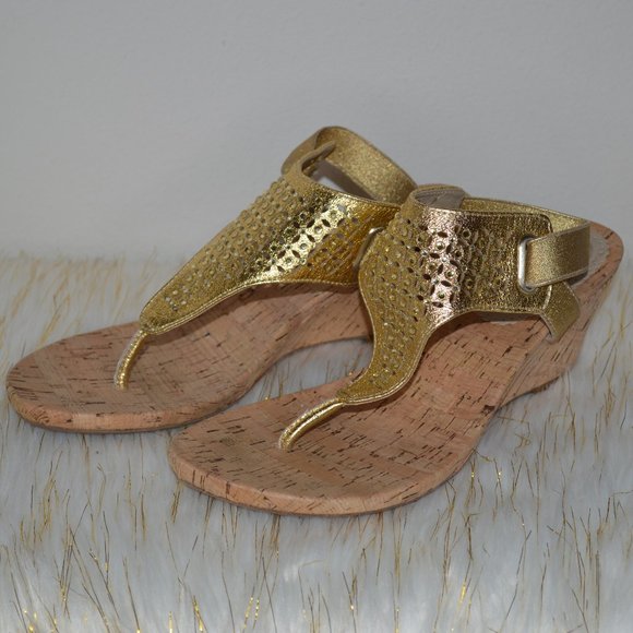 Sparkly Gold Cork Wedge Thong Sandals - Picture 2 of 5